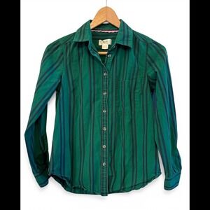 Maeve Anthropologie LS Green with Blue Vertical Stripes Button Down Shirt Size 0